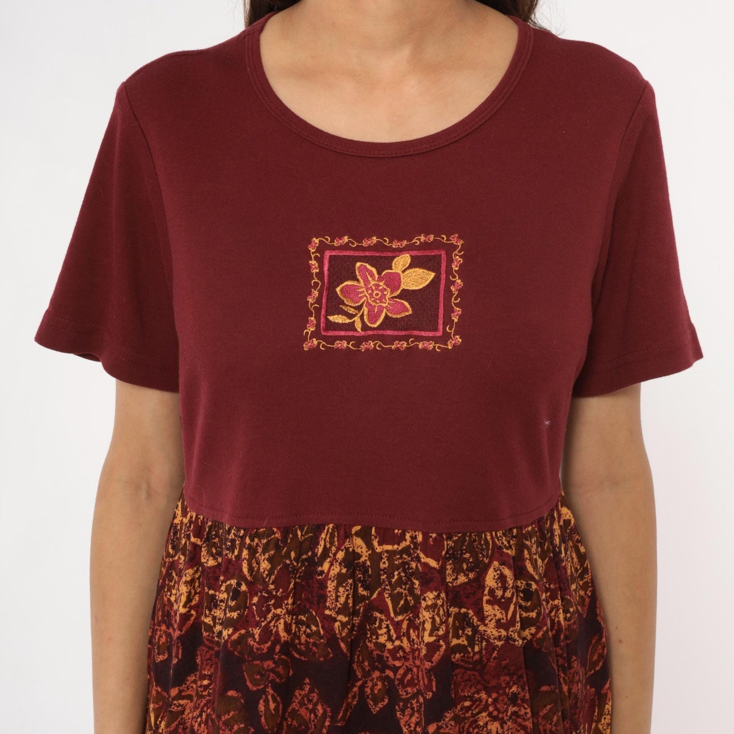 90s Burgundy Colorblock Floral Embroidered Midi Dress Rayon Medium M