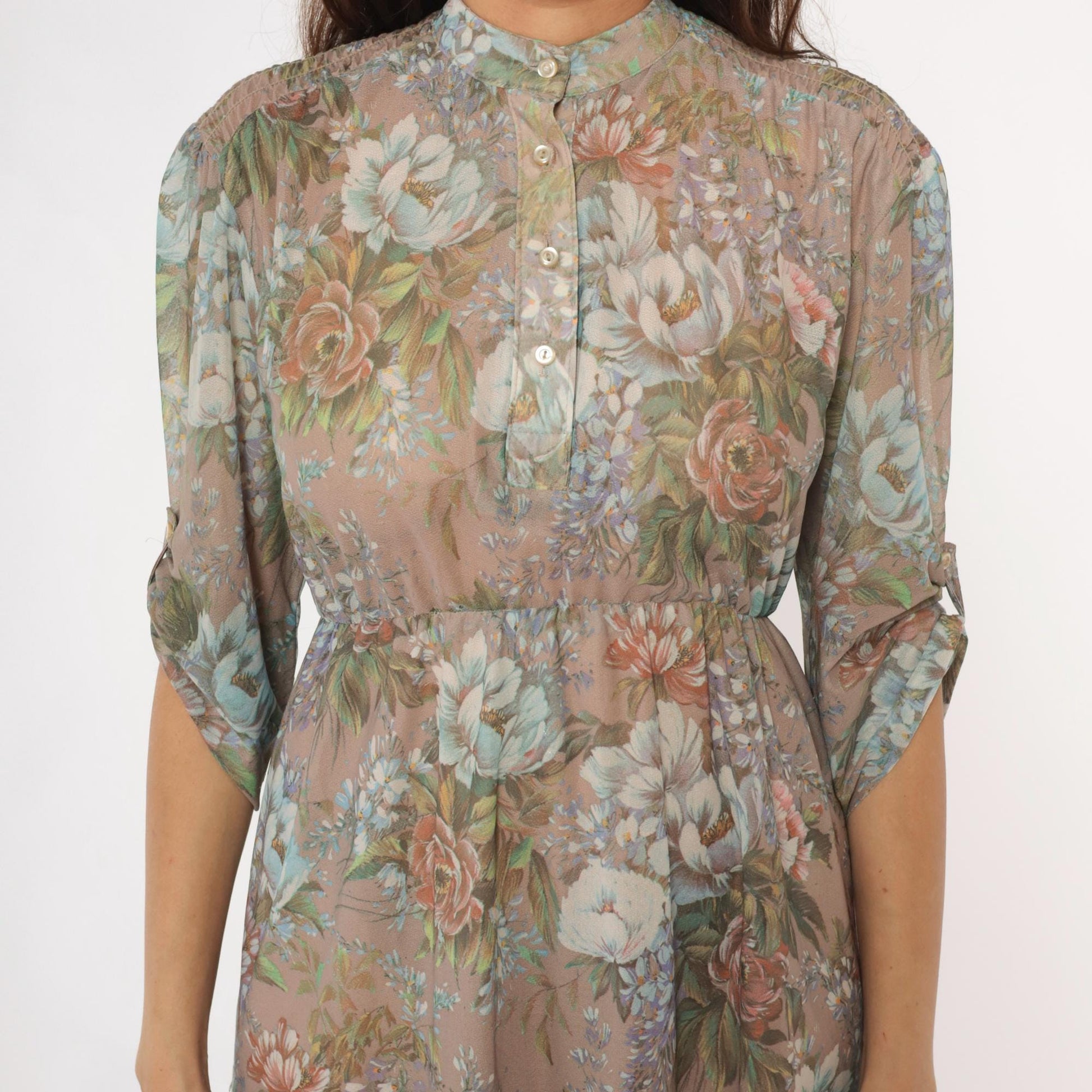 80s Floral Button-Front Dress Sheer Polyester Taupe Pink Green Small