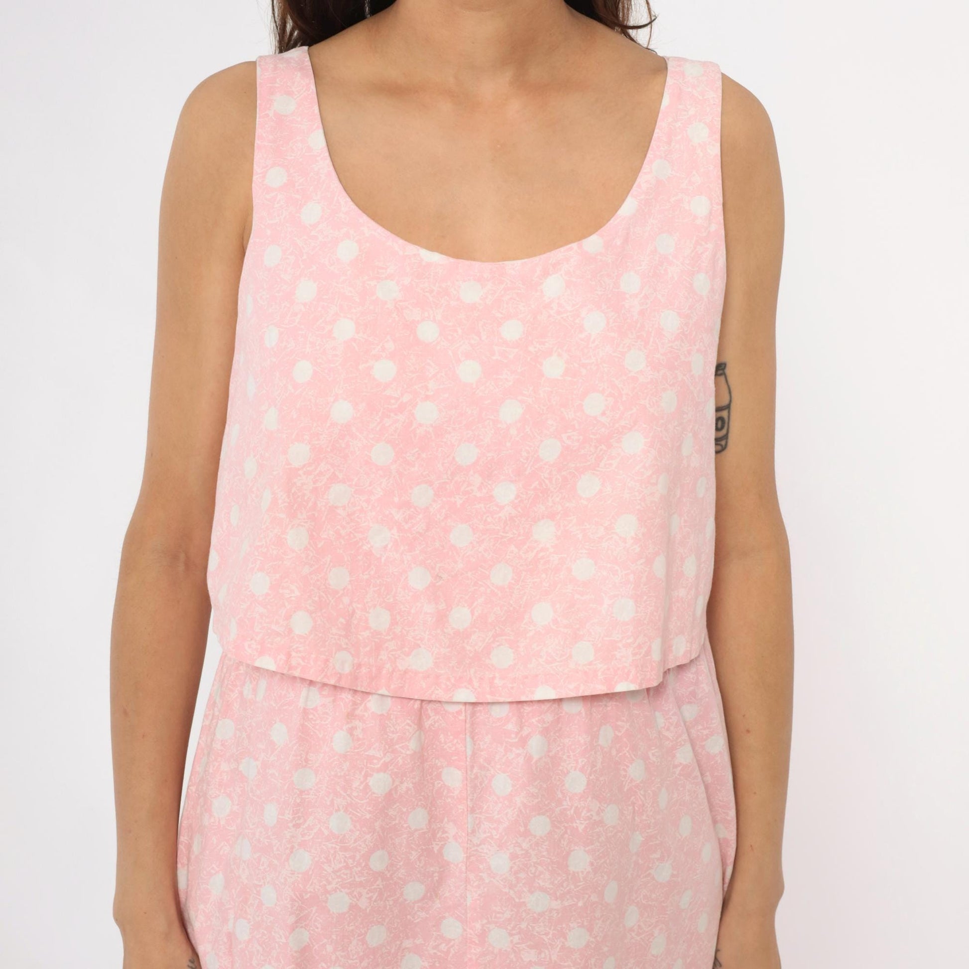 90s Pink Polka Dot Cotton Sundress Sleeveless Scoop Neck Medium M