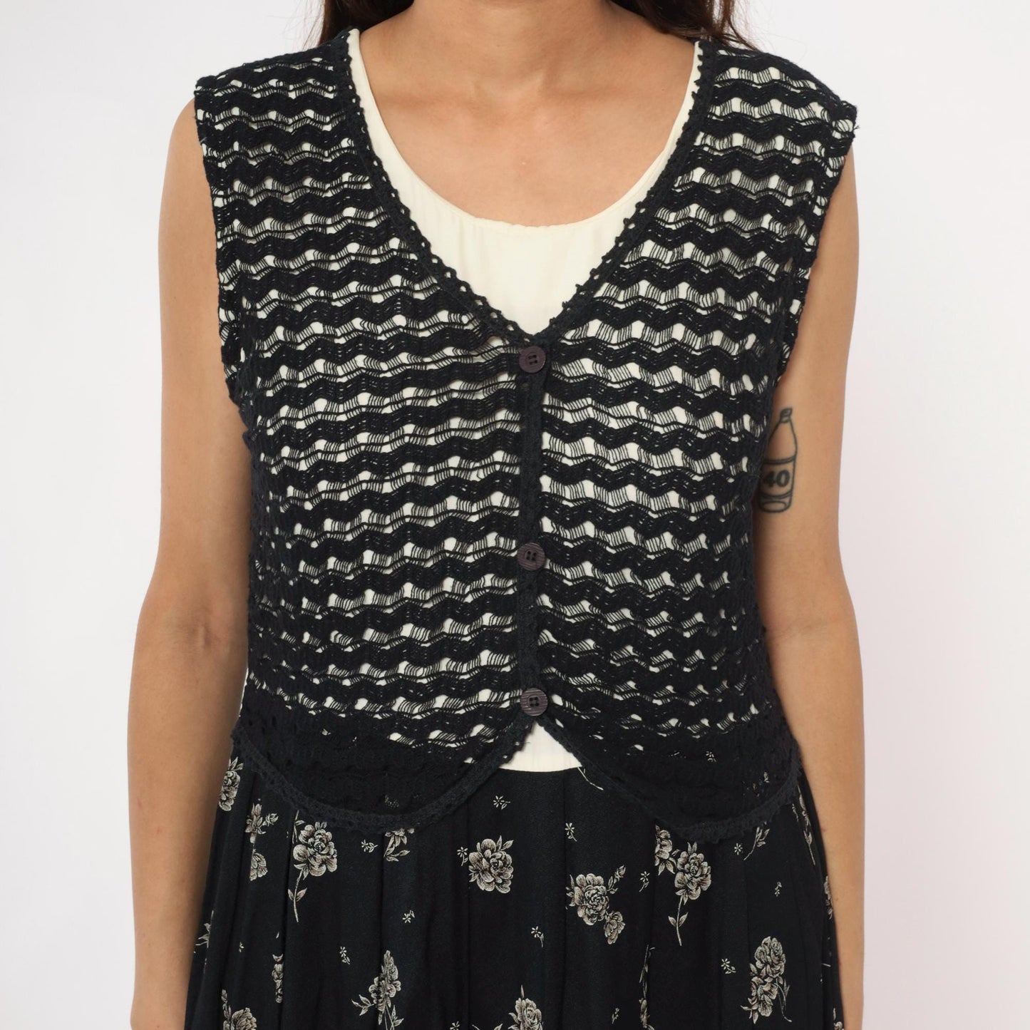 90s Molly Malloy Black Floral Midi Dress with Knit Vest Overlay Small