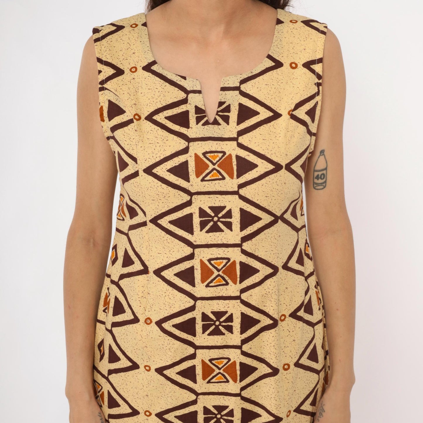 Y2K Southwestern Geometric Shift Dress Cream Brown Orange Tribal Print Extra Small XS
