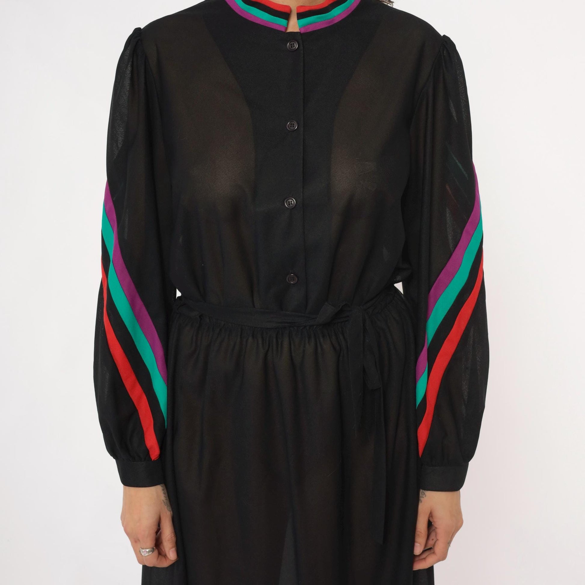 80s Blair Black Dress Striped Trim Stand Collar Long Sleeve Knee Length Medium