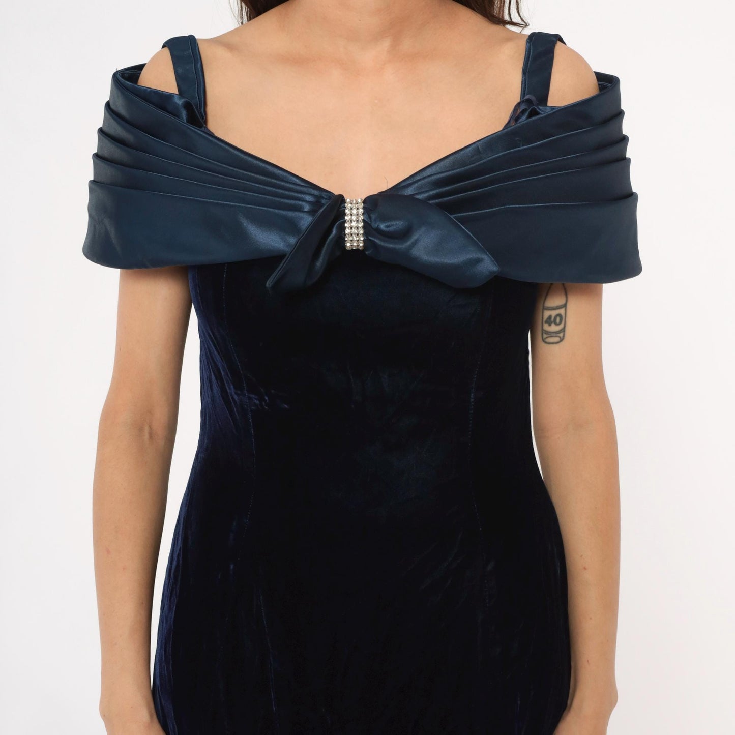 90s Navy Velvet Maxi Dress Off-Shoulder Bow Rhinestone Medium