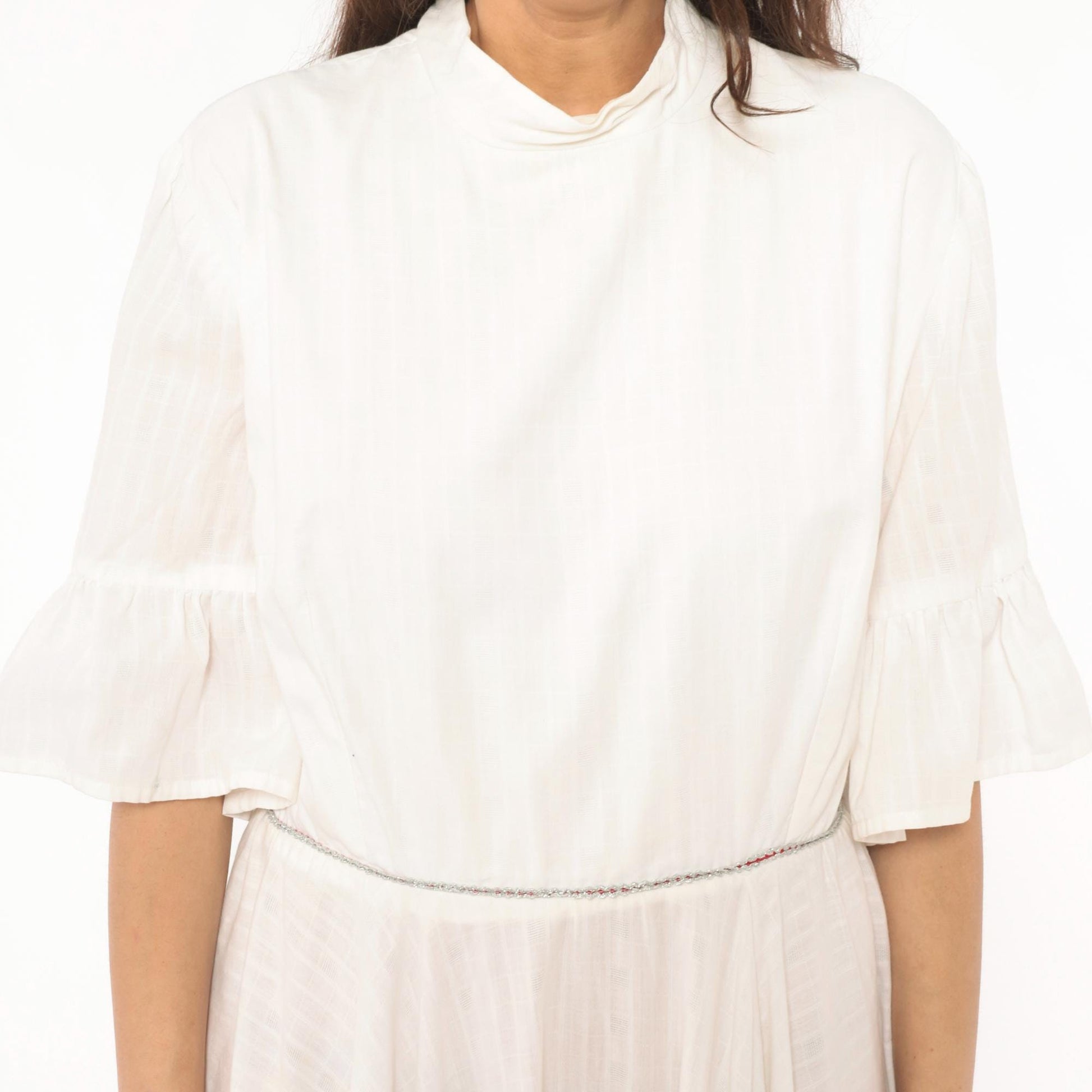 60s Ivory Prairie Dress Tiered Ruffle Bell Sleeve Cotton Knee Length Large L