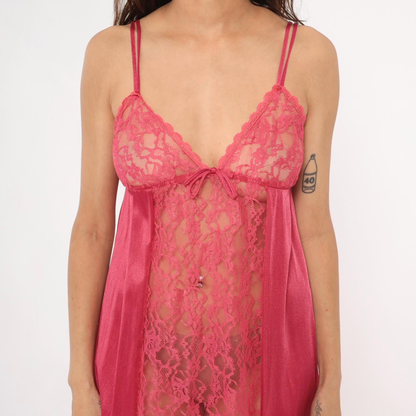 80s Rose Pink Lace Maxi Nightgown V-Neck Spaghetti Strap Medium