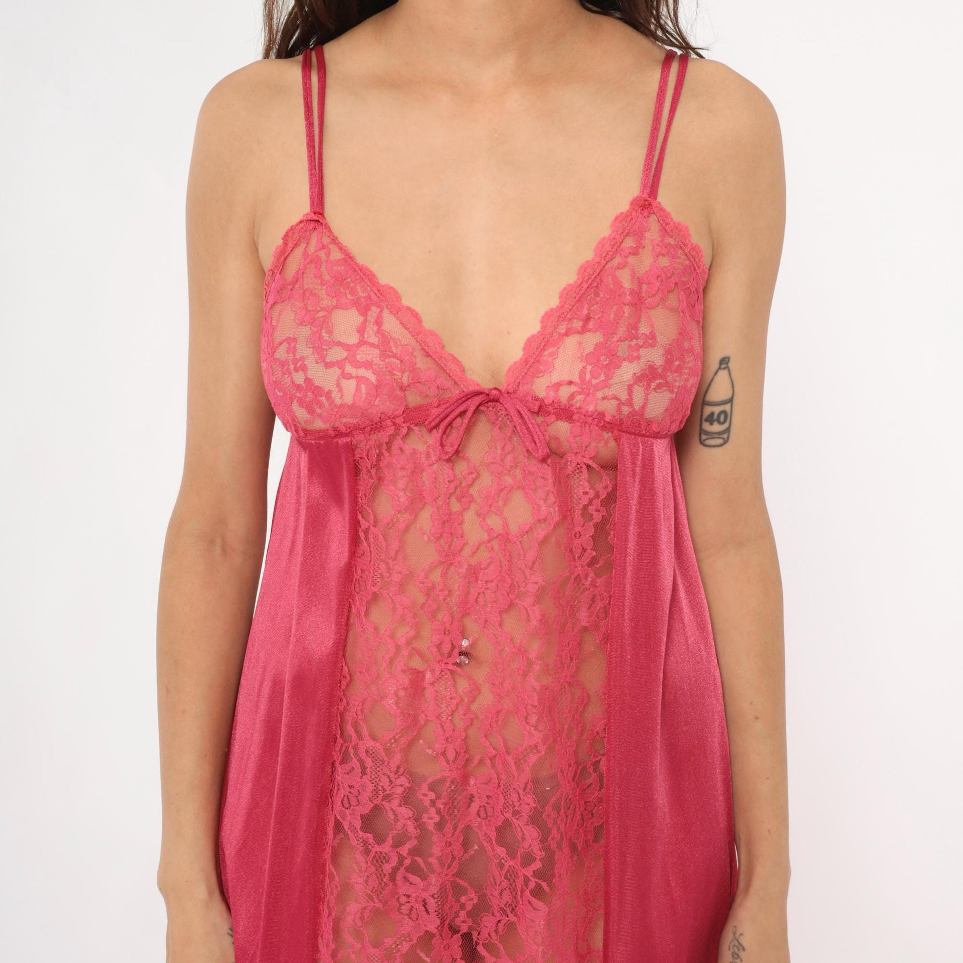 80s Rose Pink Lace Maxi Nightgown V-Neck Spaghetti Strap Medium