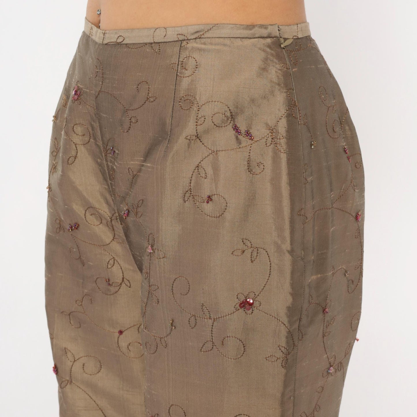 2000s Depeche Mode Silk Trousers Embroidered Floral Tan Low Rise Straight Medium M