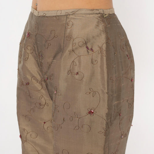 2000s Depeche Mode Silk Trousers Embroidered Floral Tan Low Rise Straight Medium M