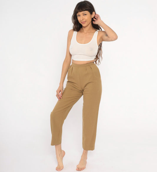 80s Tan Pleated High-Waist Wool Trousers Tapered Ankle Crop Extra Small
