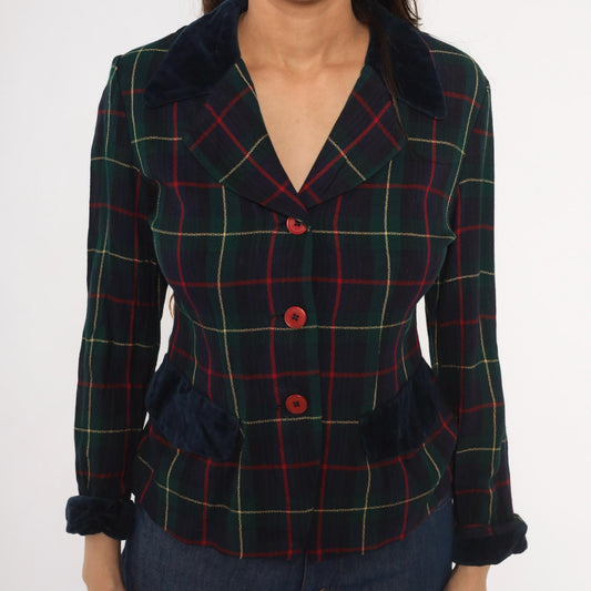 90s Dani Max Tartan Plaid Blazer Velvet Collar Navy Green Red Small S