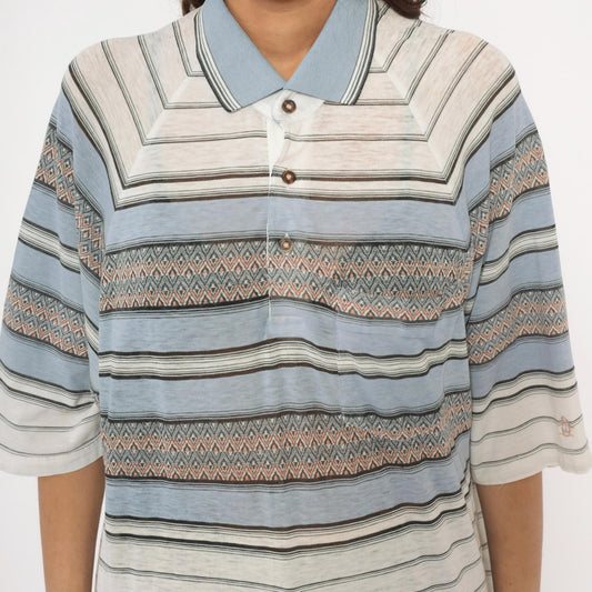 80s Grand Slam Southwestern Polo Striped Knit Diamond Jacquard Sky Blue Large L