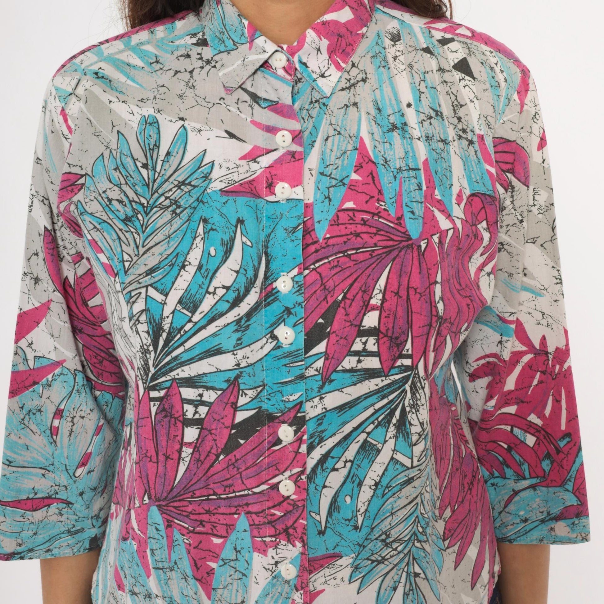 90s Tropical Batik Button Blouse Pink Teal Palm Leaf Three Quarter Sleeve Medium M