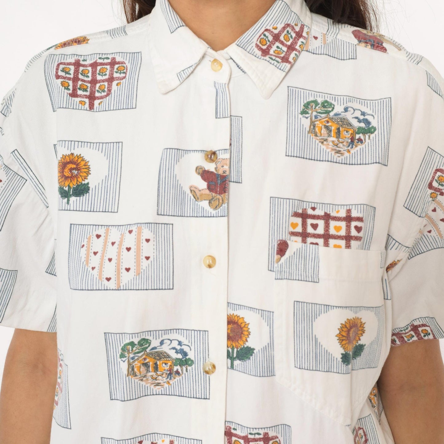 90s Cream Cotton Button-Up Shirt Sunflower Teddy Bear Heart Print Large L