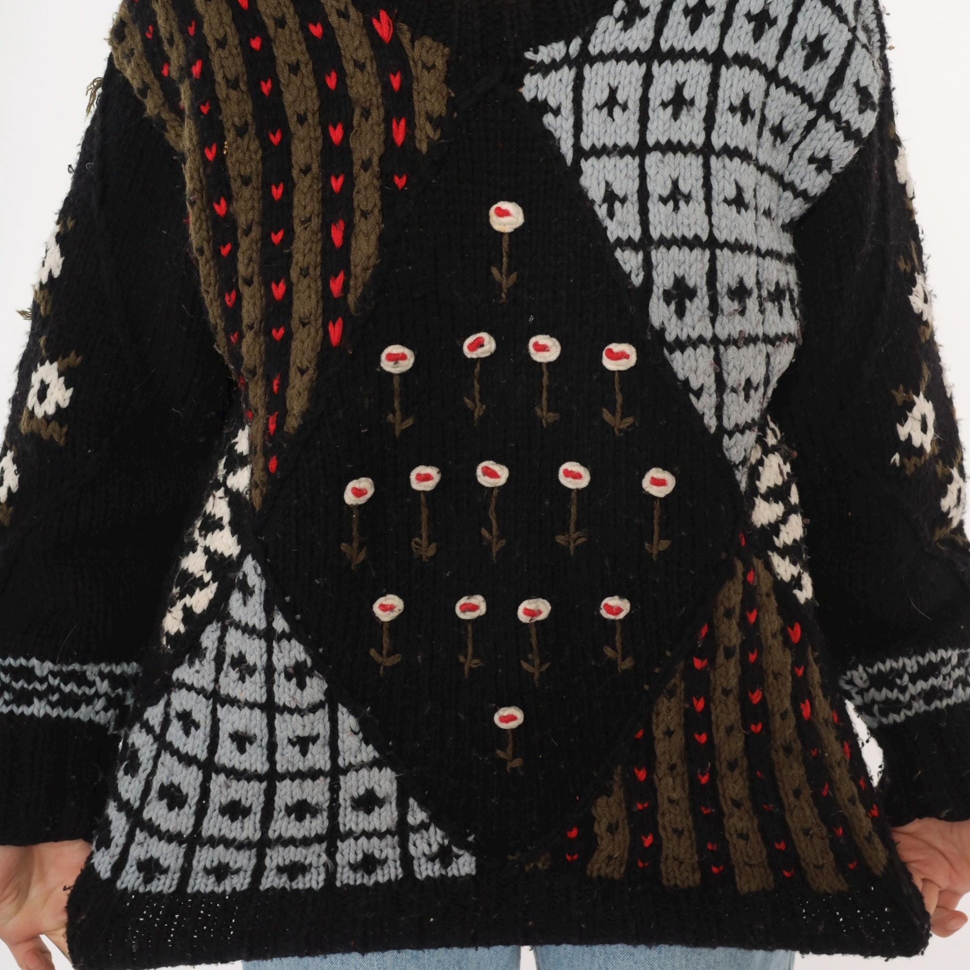 80s Midnight Blues Patchwork Knit Sweater Black Geometric Floral Small