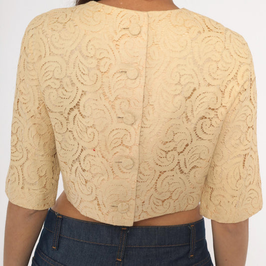 70s Carol Craig Cream Lace Crop Top Swirl Pattern Half Sleeve Medium M