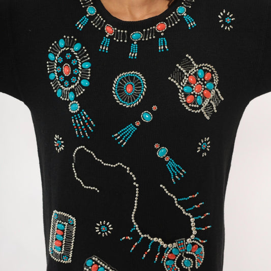 90s Victoria Jones Southwestern Sweatshirt Black Beaded Turquoise Coral Large L