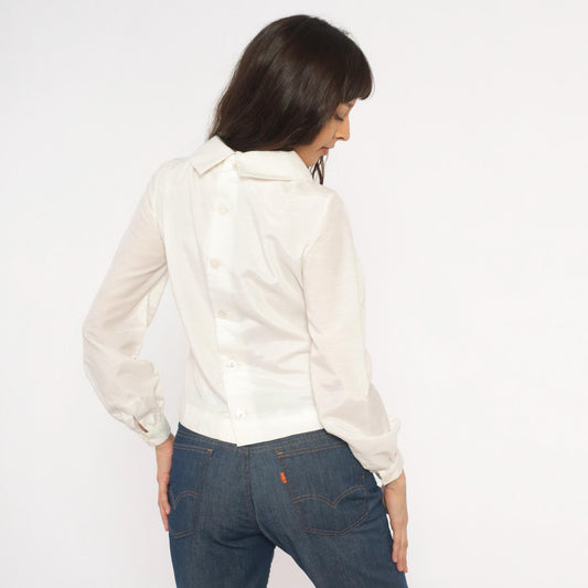 70s Cream Cowl Neck Blouse Balloon Sleeve Back Button Cropped Top Medium M