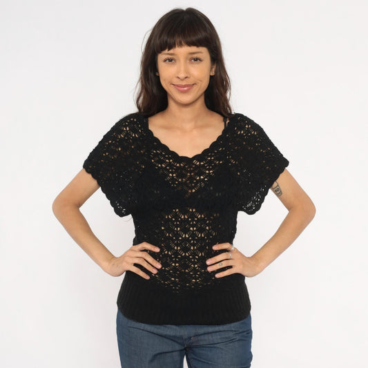 2000s CoolWear Black Crochet Top Scalloped V-Neck Short Sleeve Medium M