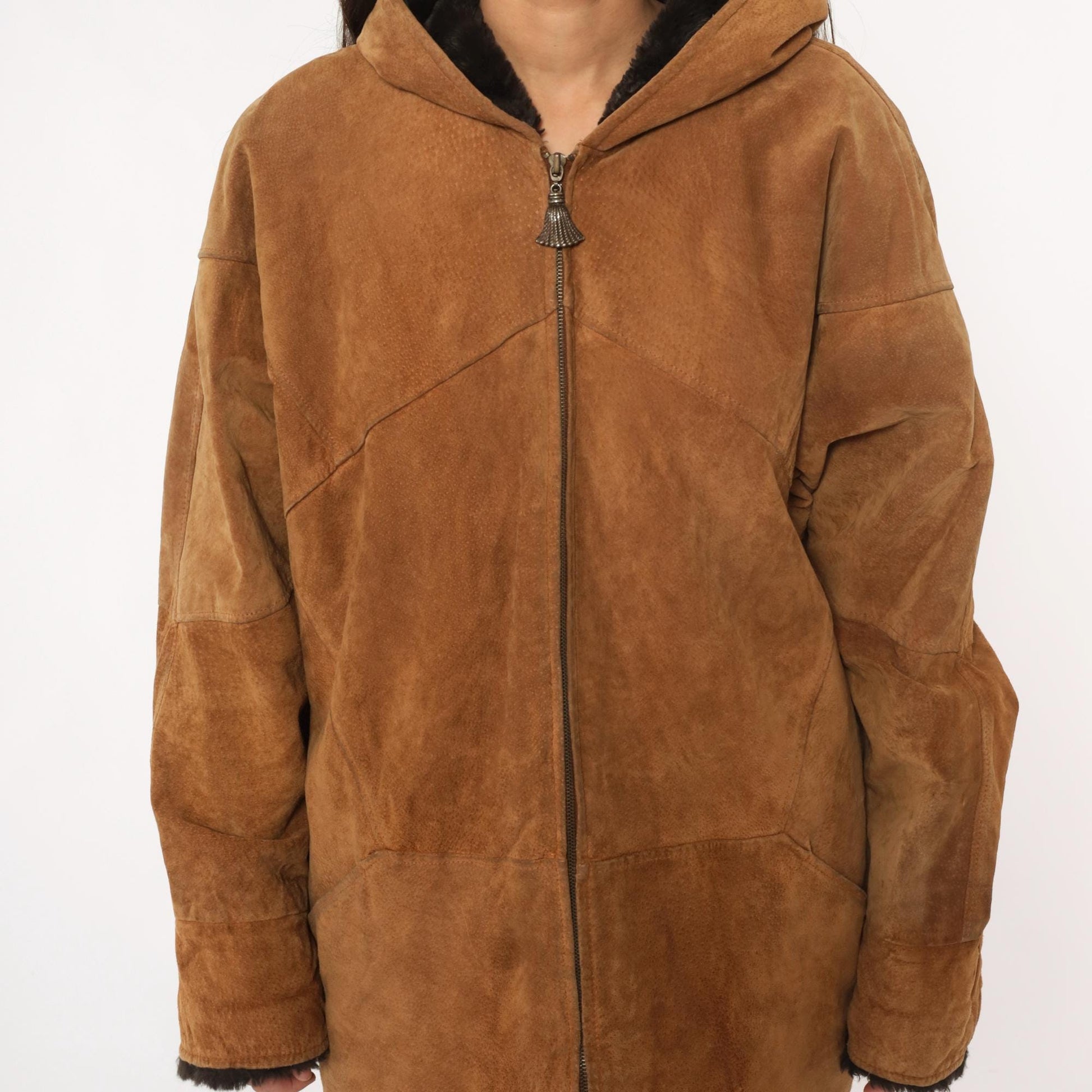 90s Tan Leather Hooded Jacket Faux Fur Lining Black Trim Large L