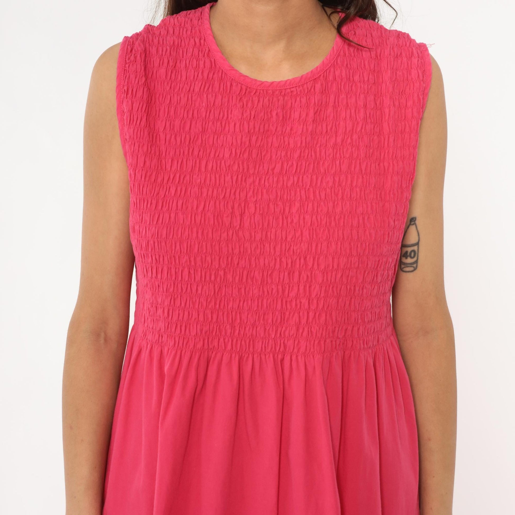Y2K Coral Pink Maxi Dress Smocked Bodice Cotton Sleeveless Large