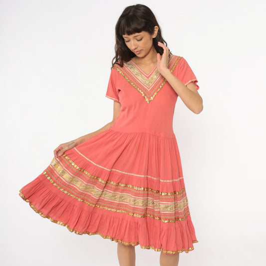 60s Faye Creations Prairie Dress Coral Pink Gold Trim Tiered Cotton Medium M
