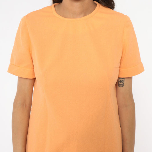 70s Peach Shift Dress A-Line Crew Neck Short Sleeve Knee Length Medium