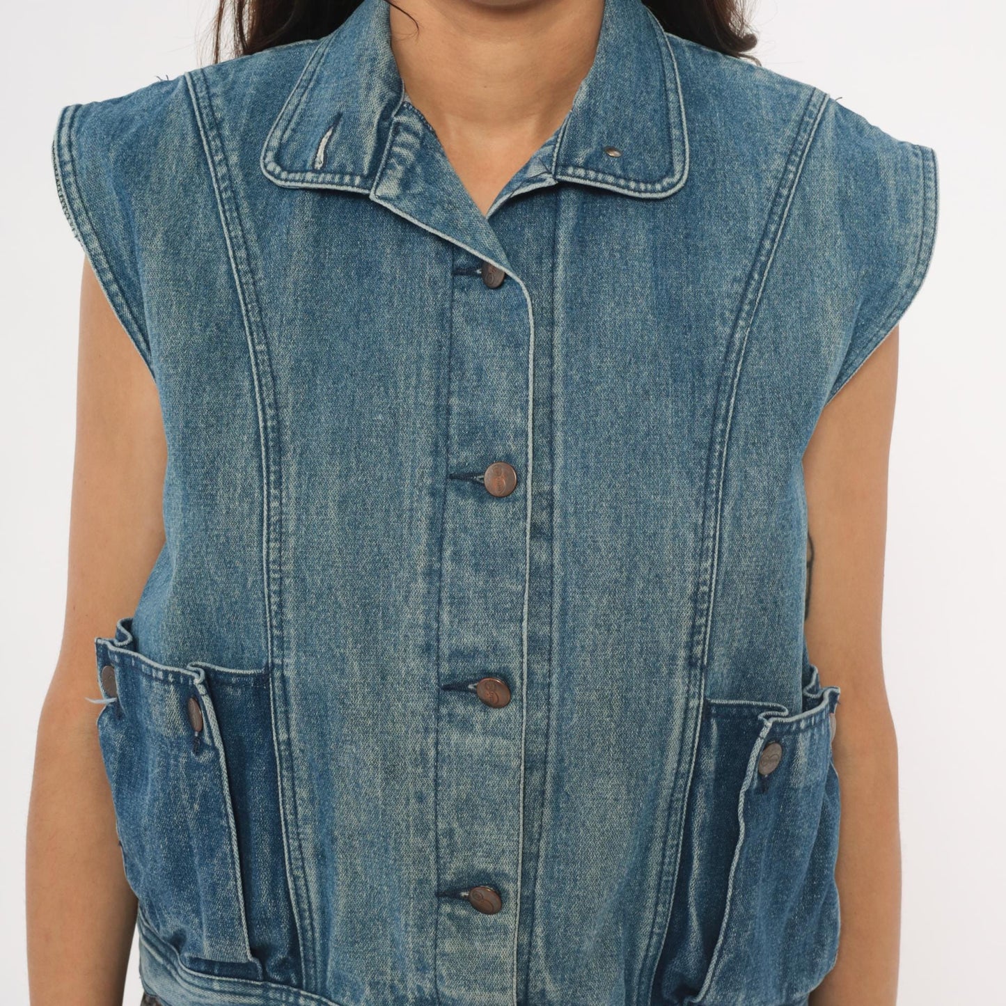 80s Mais Oui Denim Vest Pointed Collar Crop Blue Medium M