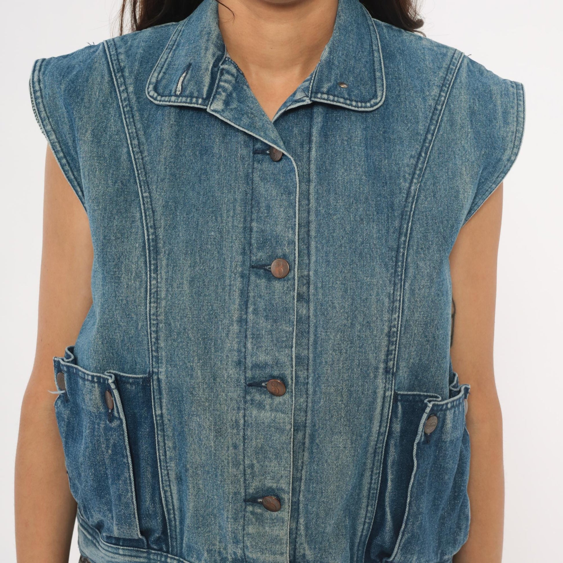 80s Mais Oui Denim Vest Pointed Collar Crop Blue Medium M