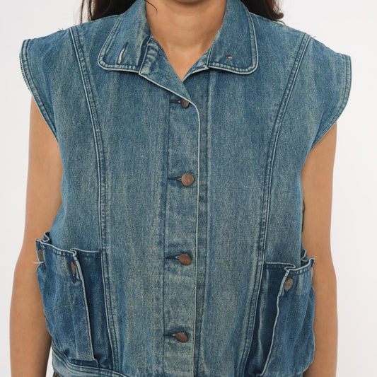 80s Mais Oui Denim Vest Pointed Collar Crop Blue Medium M