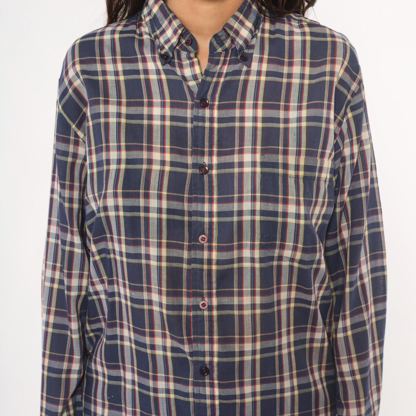 80s Men's Store Plaid Flannel Shirt Navy Blue Red Check Button Front Medium