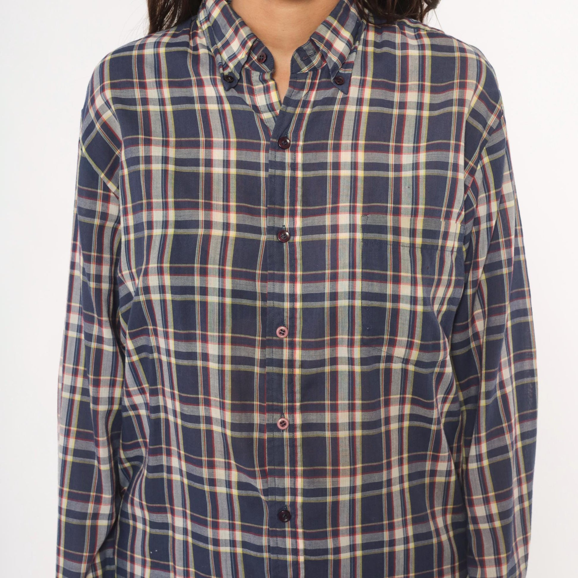 80s Men's Store Plaid Flannel Shirt Navy Blue Red Check Button Front Medium
