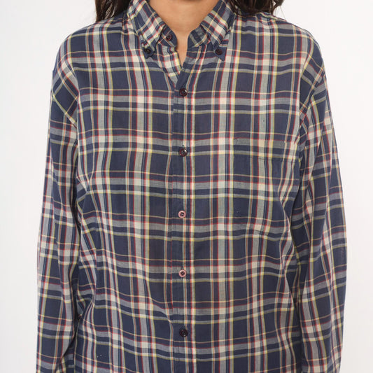 80s Men's Store Plaid Flannel Shirt Navy Blue Red Check Button Front Medium