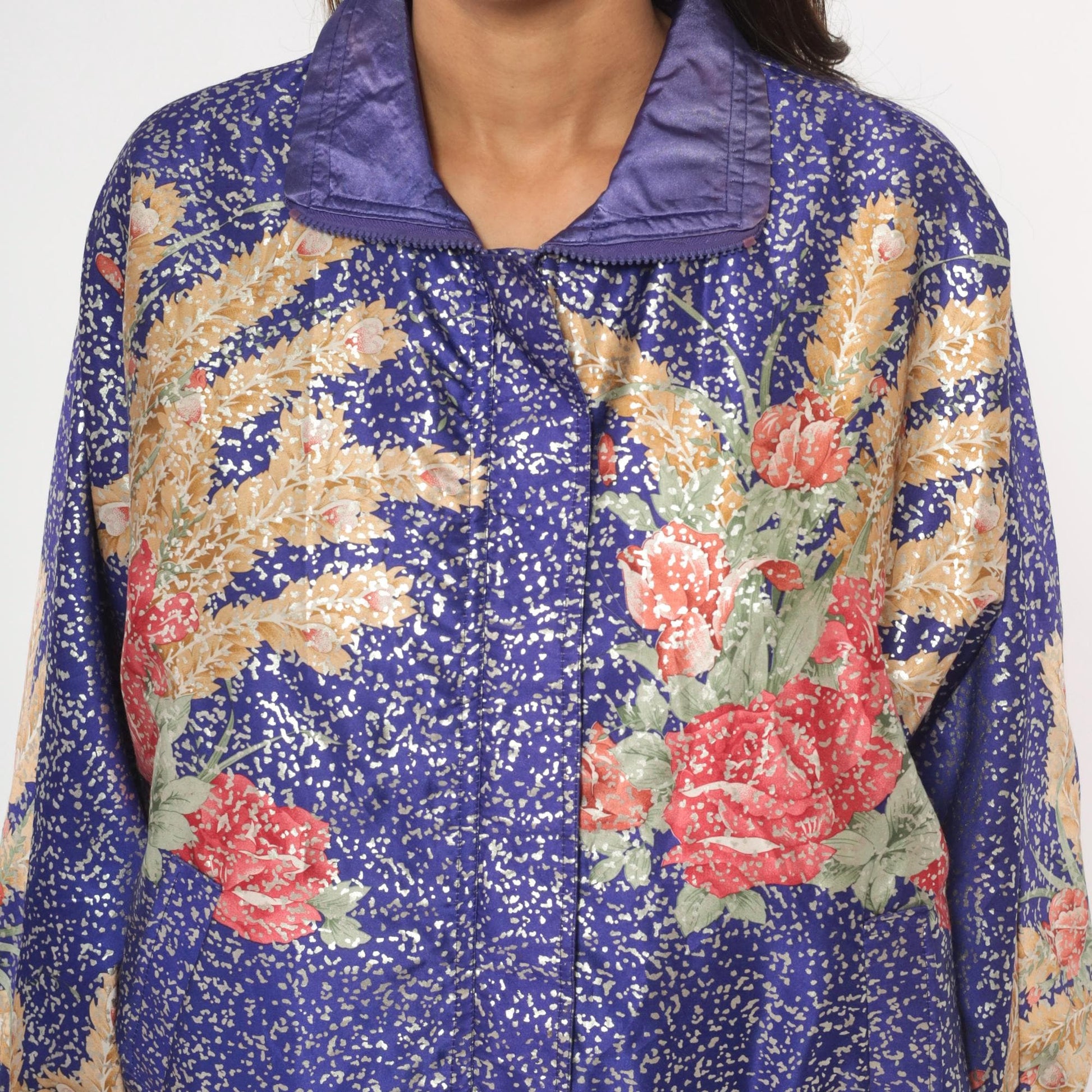 90s GDT Too Floral Metallic Bomber Jacket Purple Gold Reversible Satin Small Medium