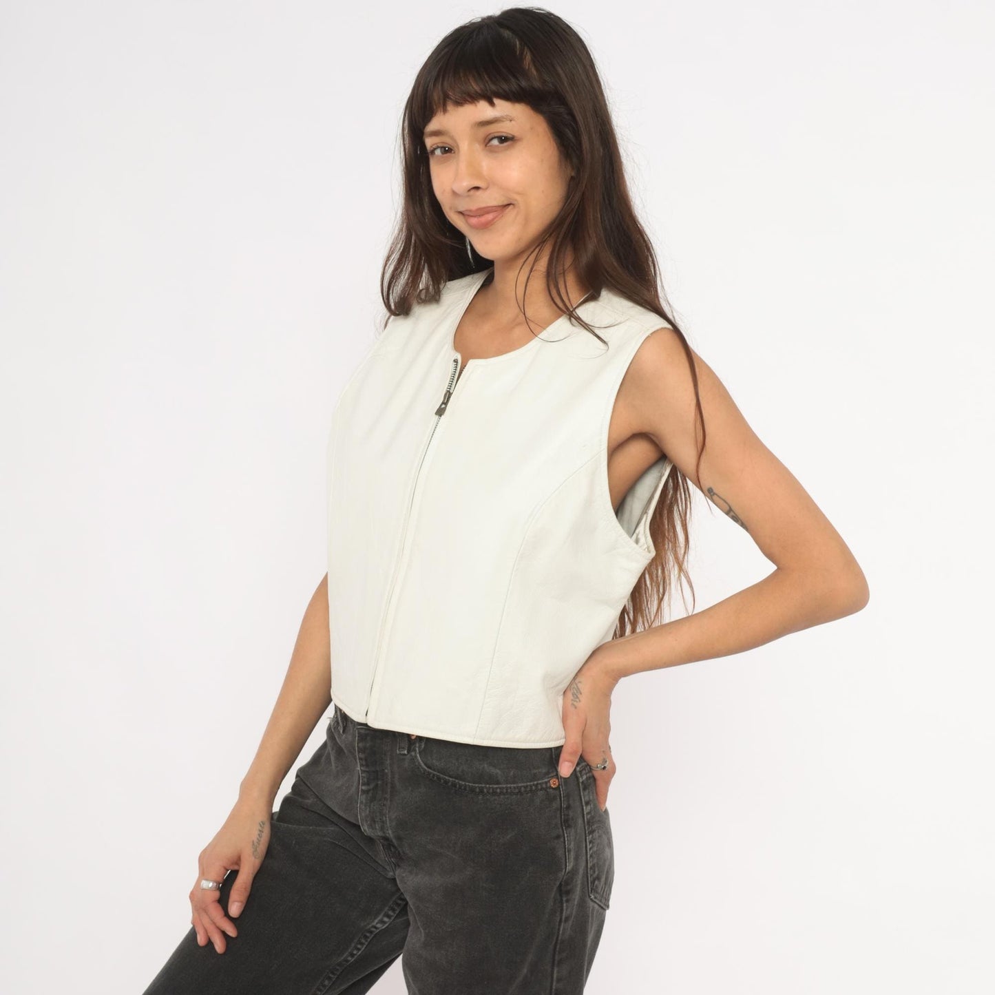 90s Sigrid Olsen White Leather Vest Zip Front Cropped Scoop Neck Medium M