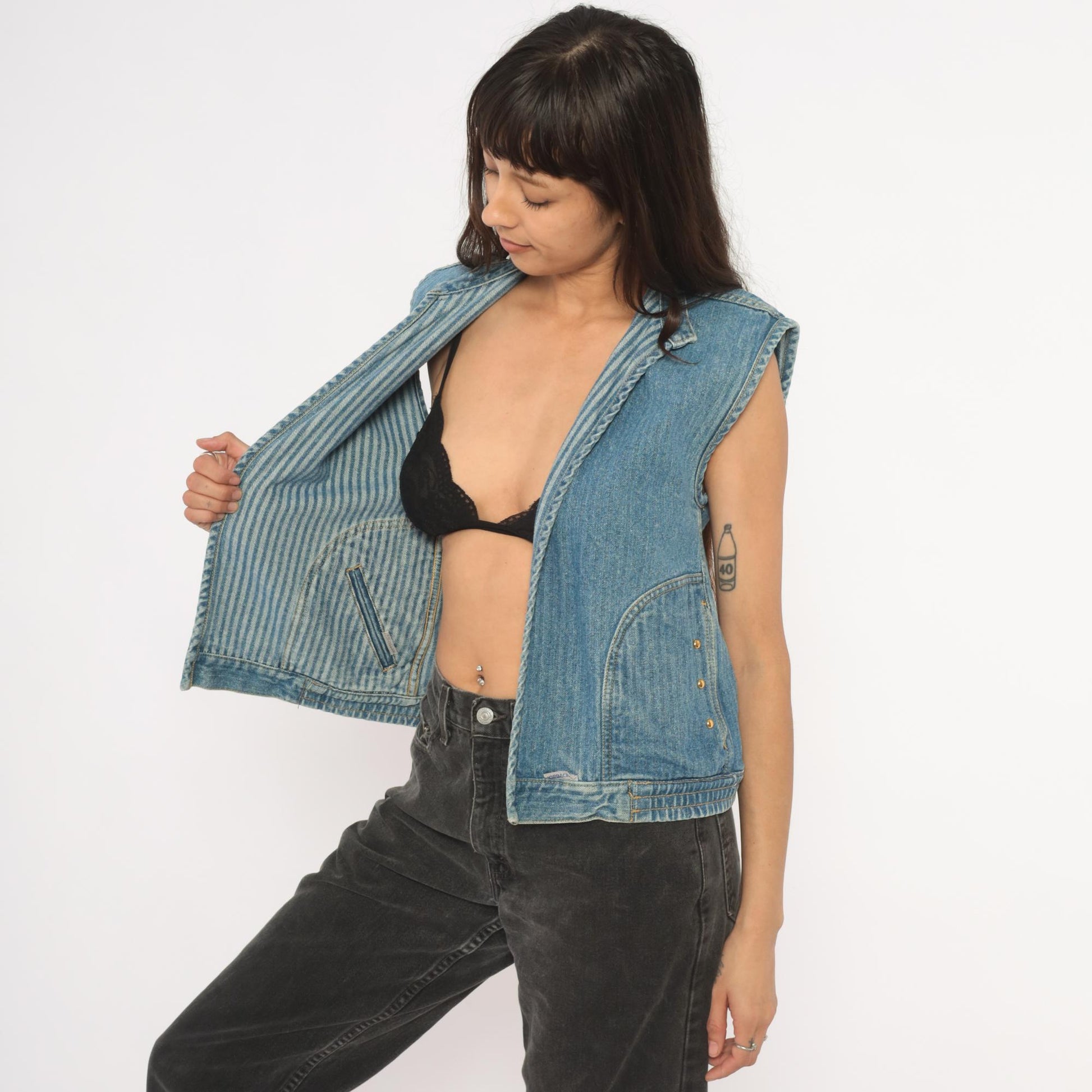 90s Jordache Reversible Denim Vest Pinstripe Blue White Mandarin Collar Small S