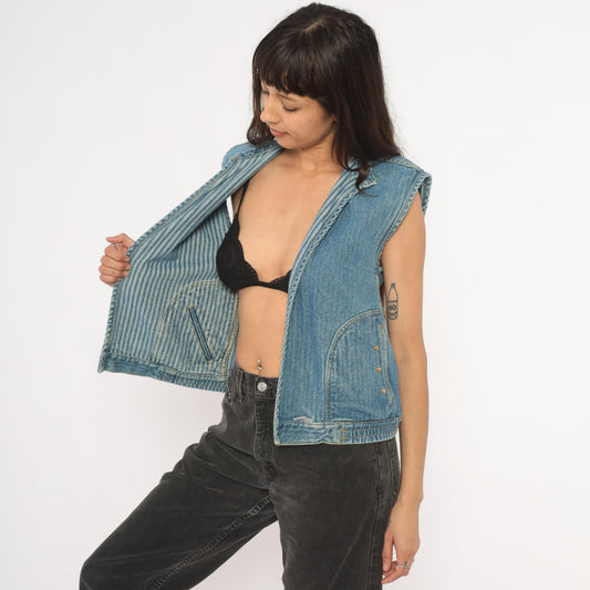 90s Jordache Reversible Denim Vest Pinstripe Blue White Mandarin Collar Small S