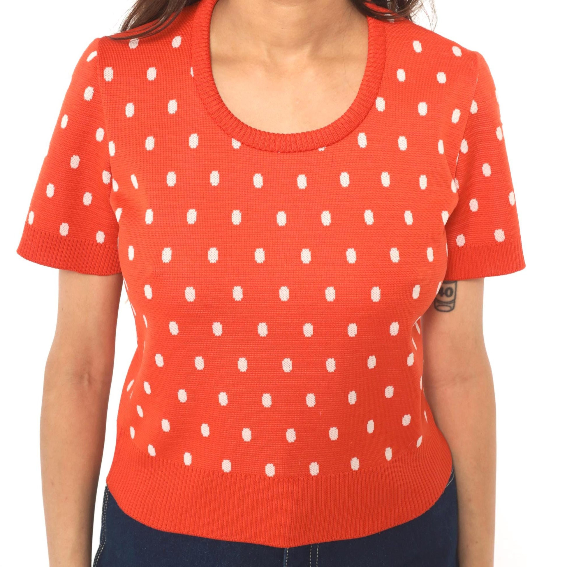70s Coral Polka Dot Sweater Top Short Sleeve Cropped Knit Zip Back Medium