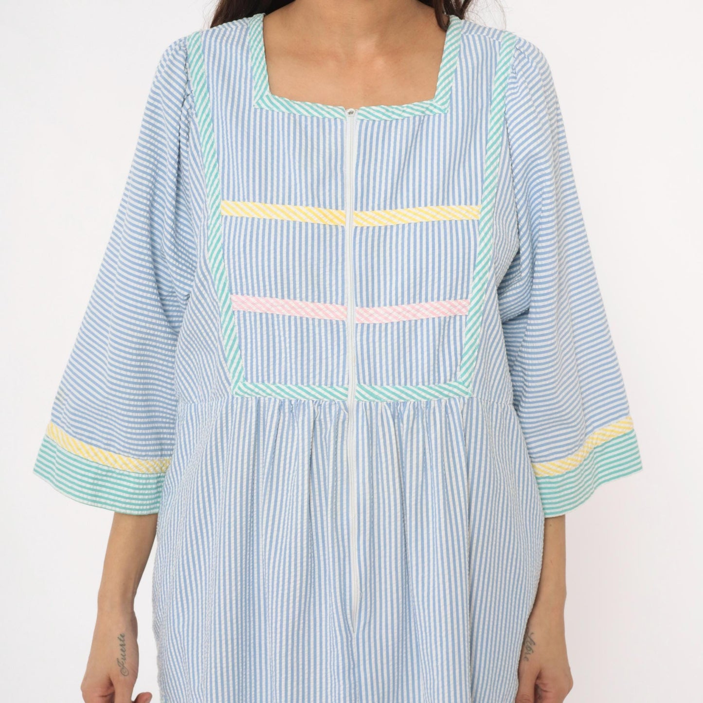 80s Saybury Seersucker Striped Dress Blue White Rickrack Trim Large