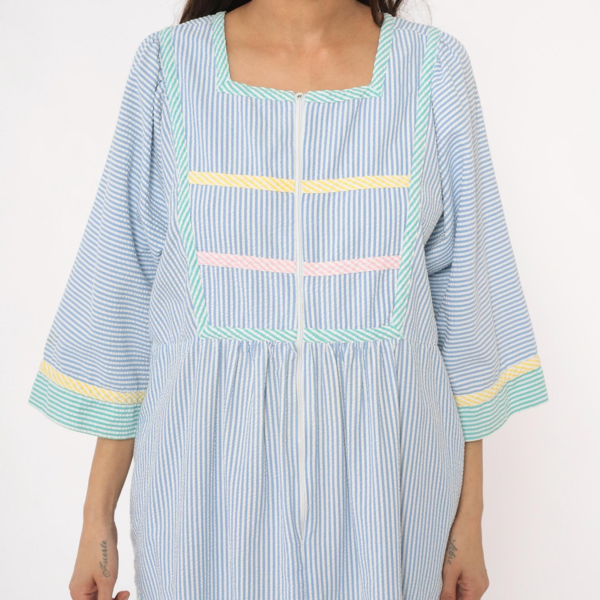 80s Saybury Seersucker Striped Dress Blue White Rickrack Trim Large