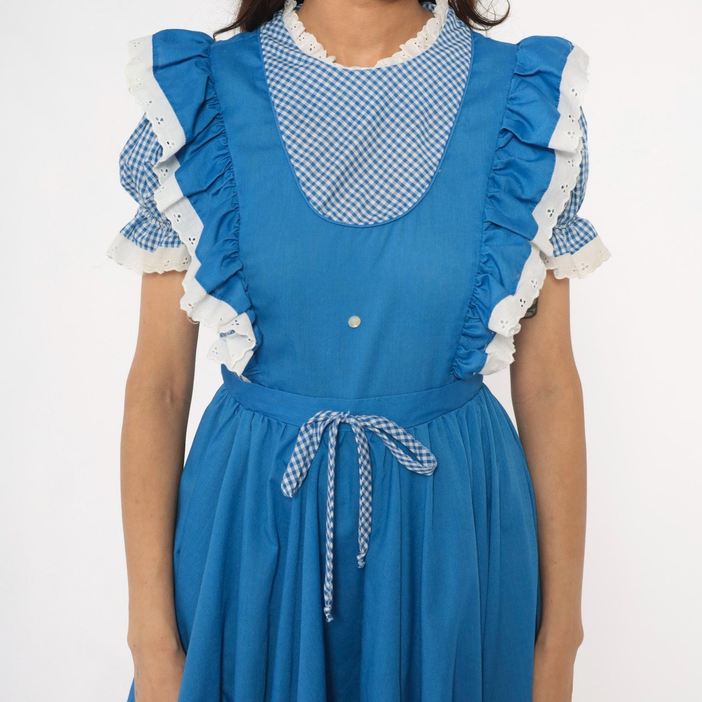 80s Jeri Bee Blue Gingham Pinafore Dress Eyelet Lace Puff Sleeve Small Medium