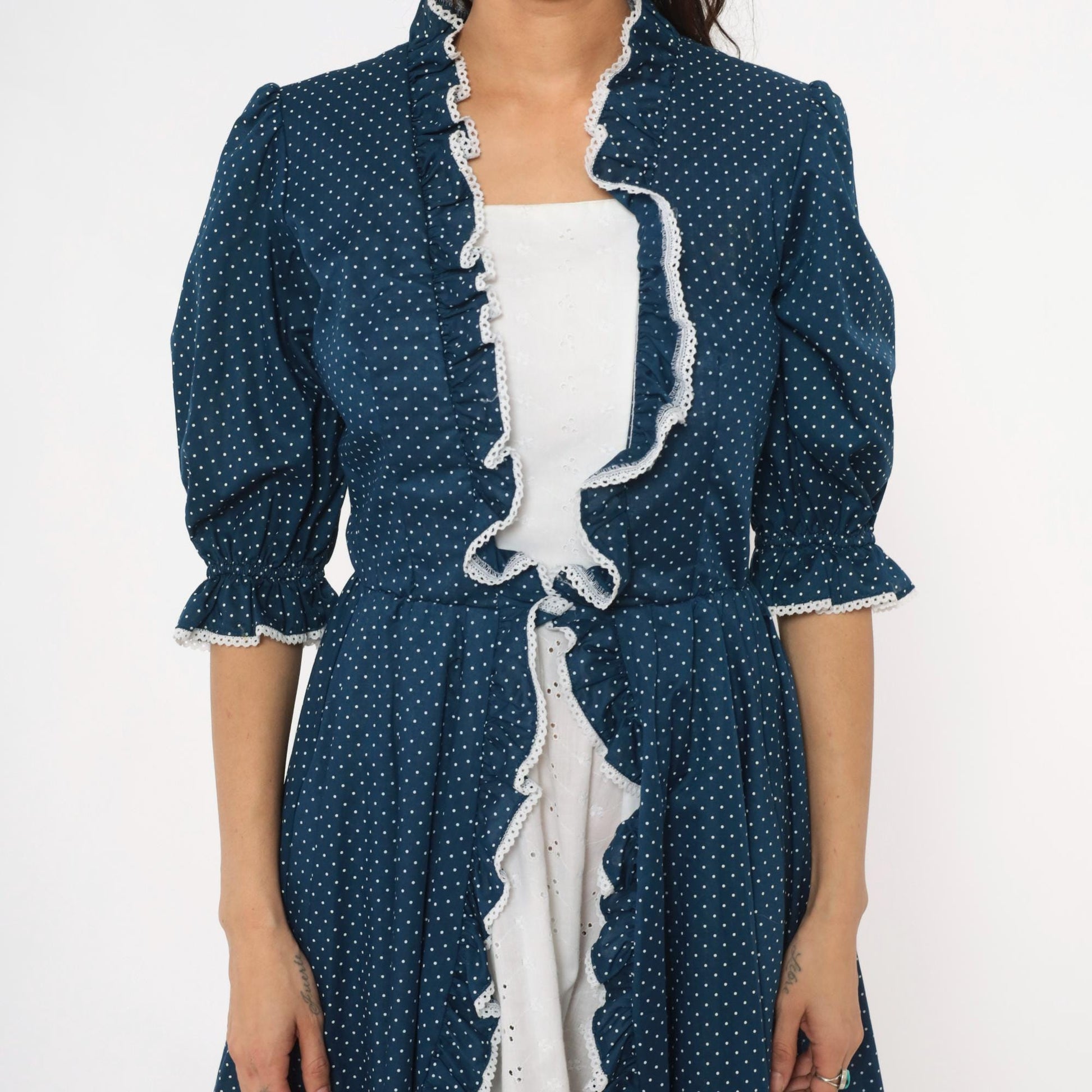 80s Navy Polka Dot Square Dance Dress White Eyelet Ruffle Cotton Small