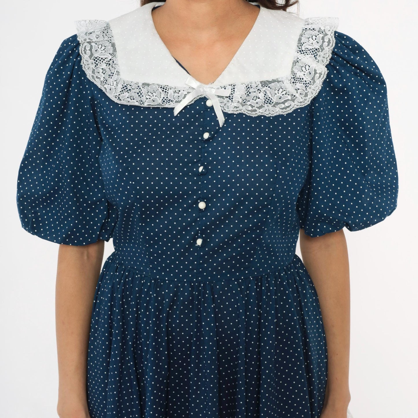 80s Navy Polka Dot Dress Puff Sleeve Lace Collar Handkerchief Hem Medium M