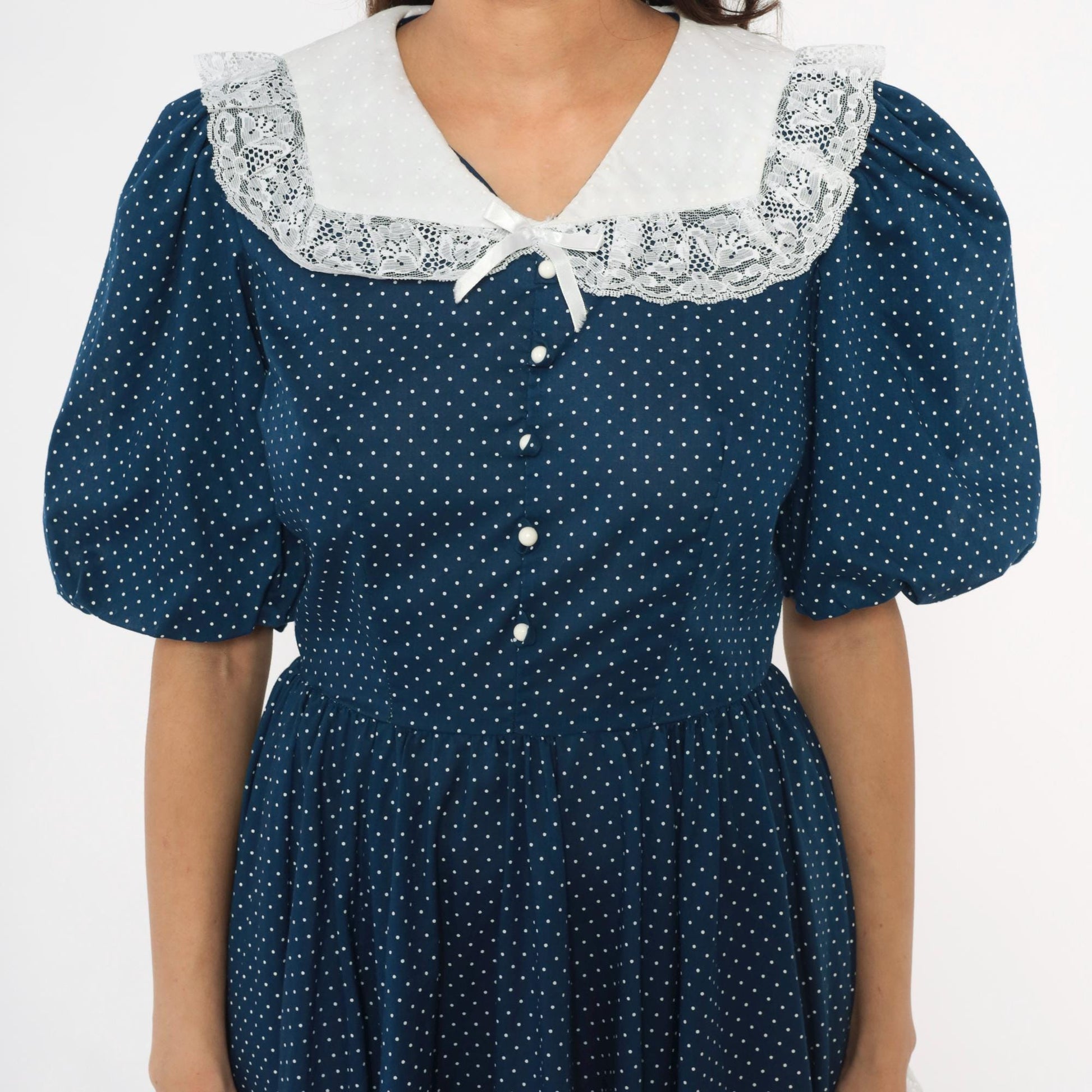 80s Navy Polka Dot Dress Puff Sleeve Lace Collar Handkerchief Hem Medium M
