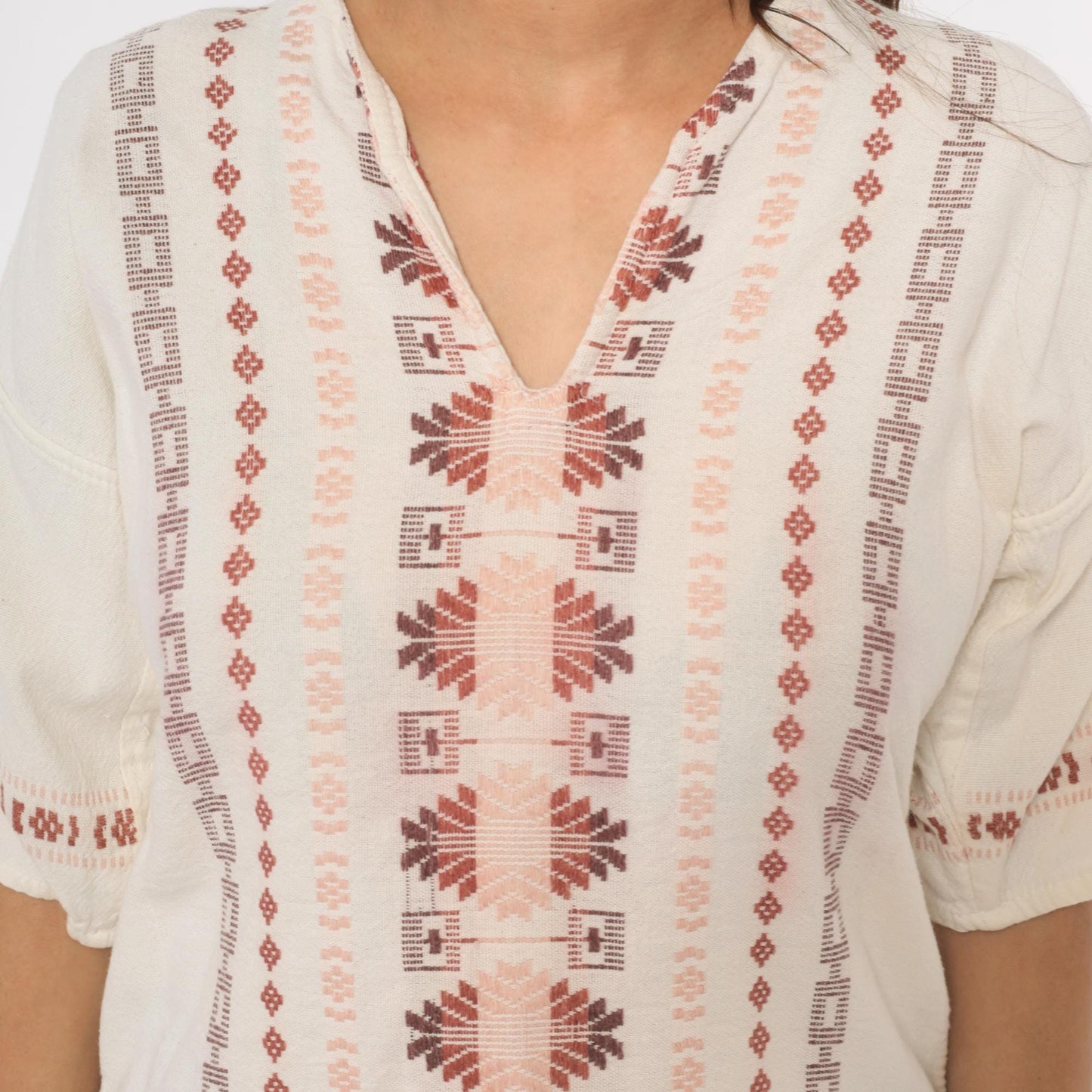 90s Cream Embroidered Blouse Cotton V-Neck Puff Sleeve Pullover Small S