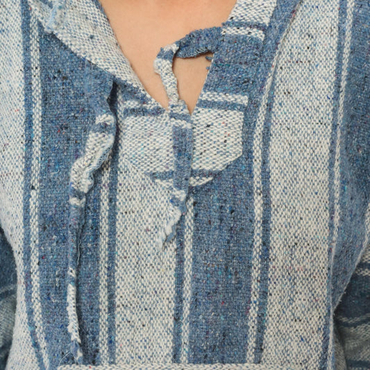 2000s Yarina Threads Blue Striped Baja Hoodie Woven Pullover Medium M