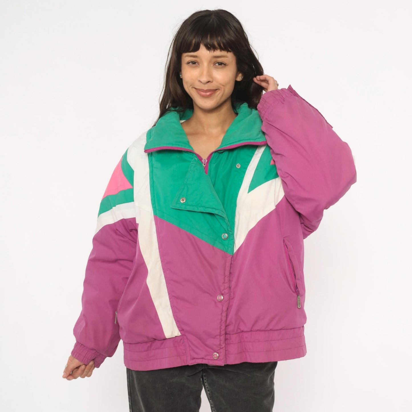 90s Kaos Ski Jacket Colorblock Teal Pink Purple Geometric Puffer Large L