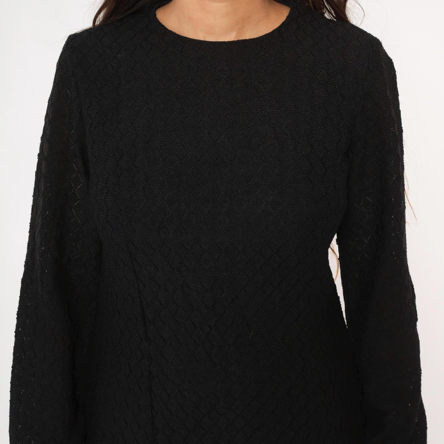 60s Black Mini Dress Diamond Quilted Long Sleeve Crew Neck Small