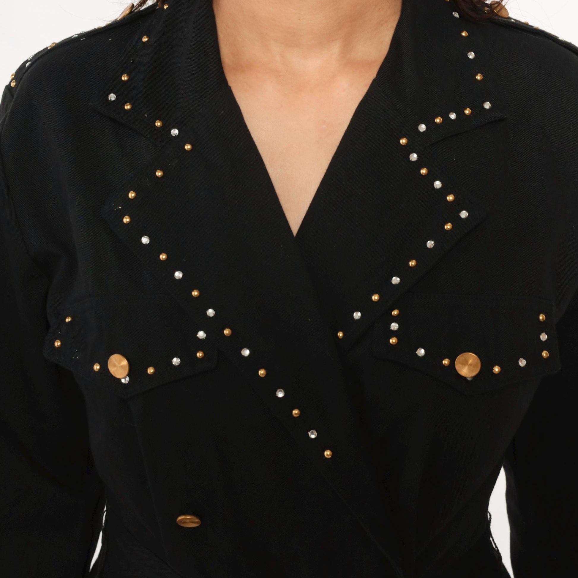90s D Frank Black Cotton Jumpsuit Rhinestone V-Neck Wide Leg Small S