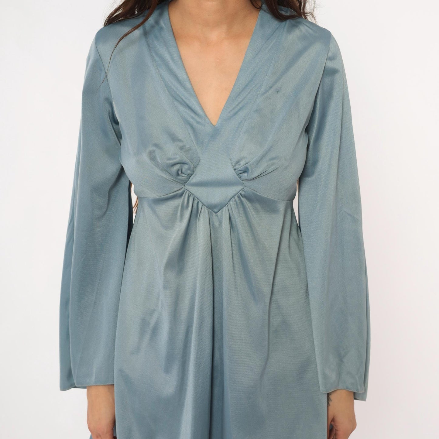 70s Powder Blue Mini Dress Bell Sleeve V Neck Empire Waist Medium M