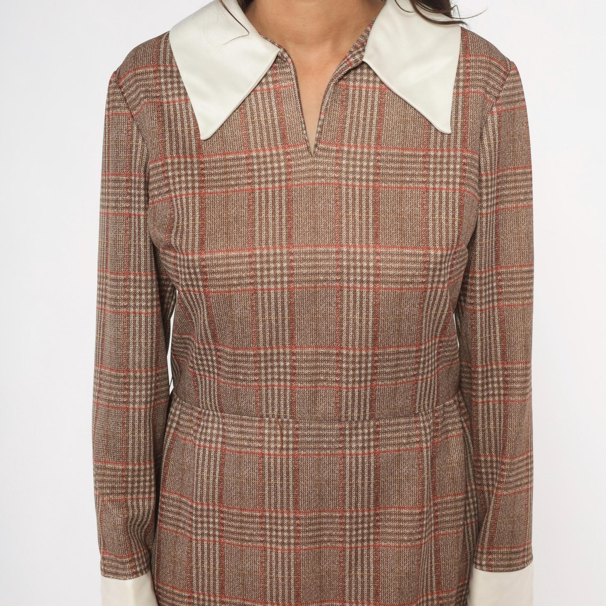 70s Glen Plaid Mini Dress Tan Rust Brown Pointed Collar Long Sleeve Medium M